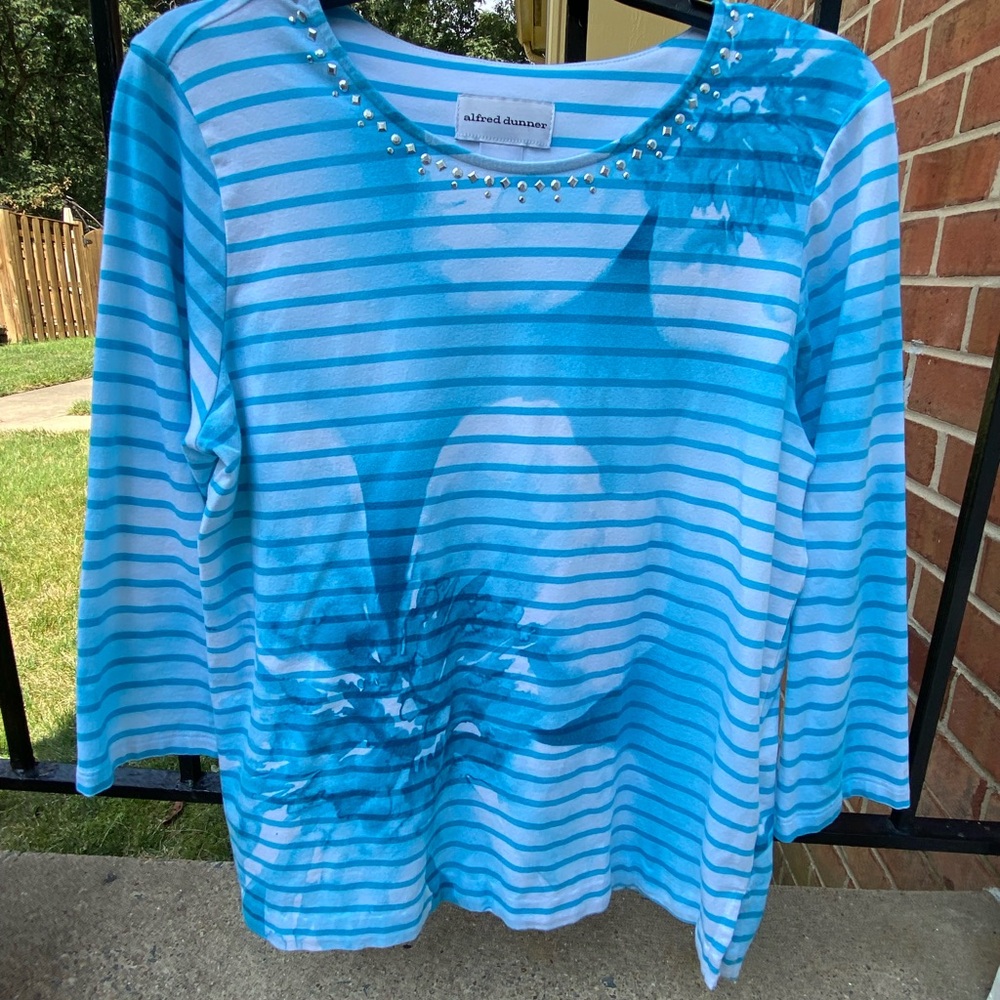 Alfred Dunner Light Blue Striped Top with Stud Accents